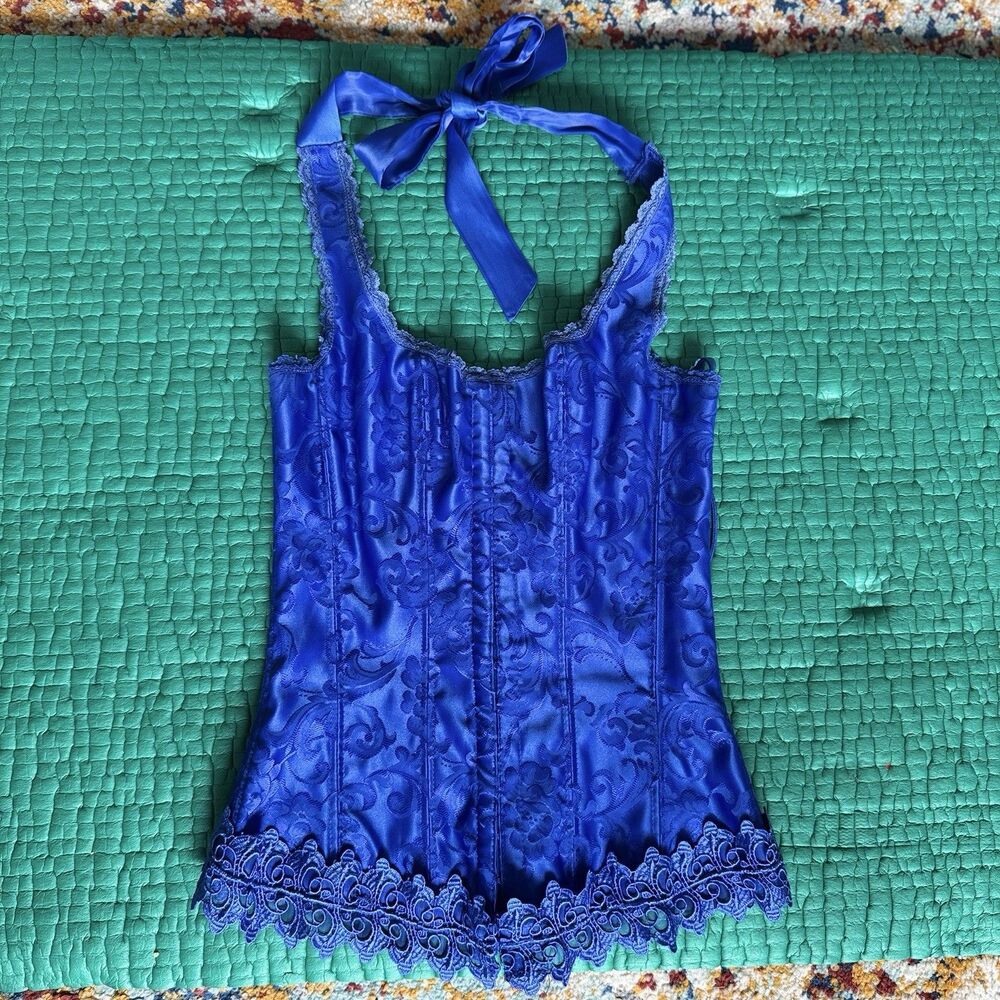 Fredericks of Hollywood Boned Bustier Corset Royal Blue Lace Size 32 Y2K Whimsy